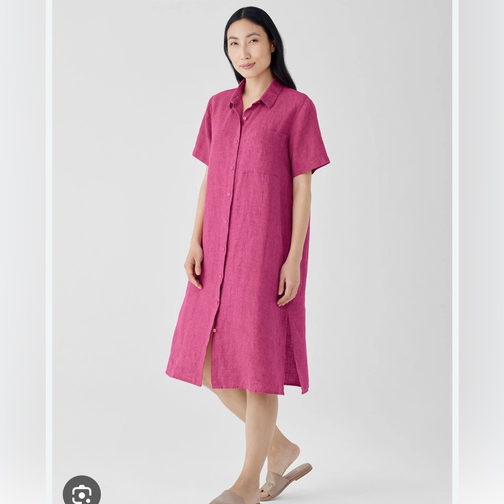 Eileen Fisher Linen Geranium Pink Classic Shirt Dress Size XS